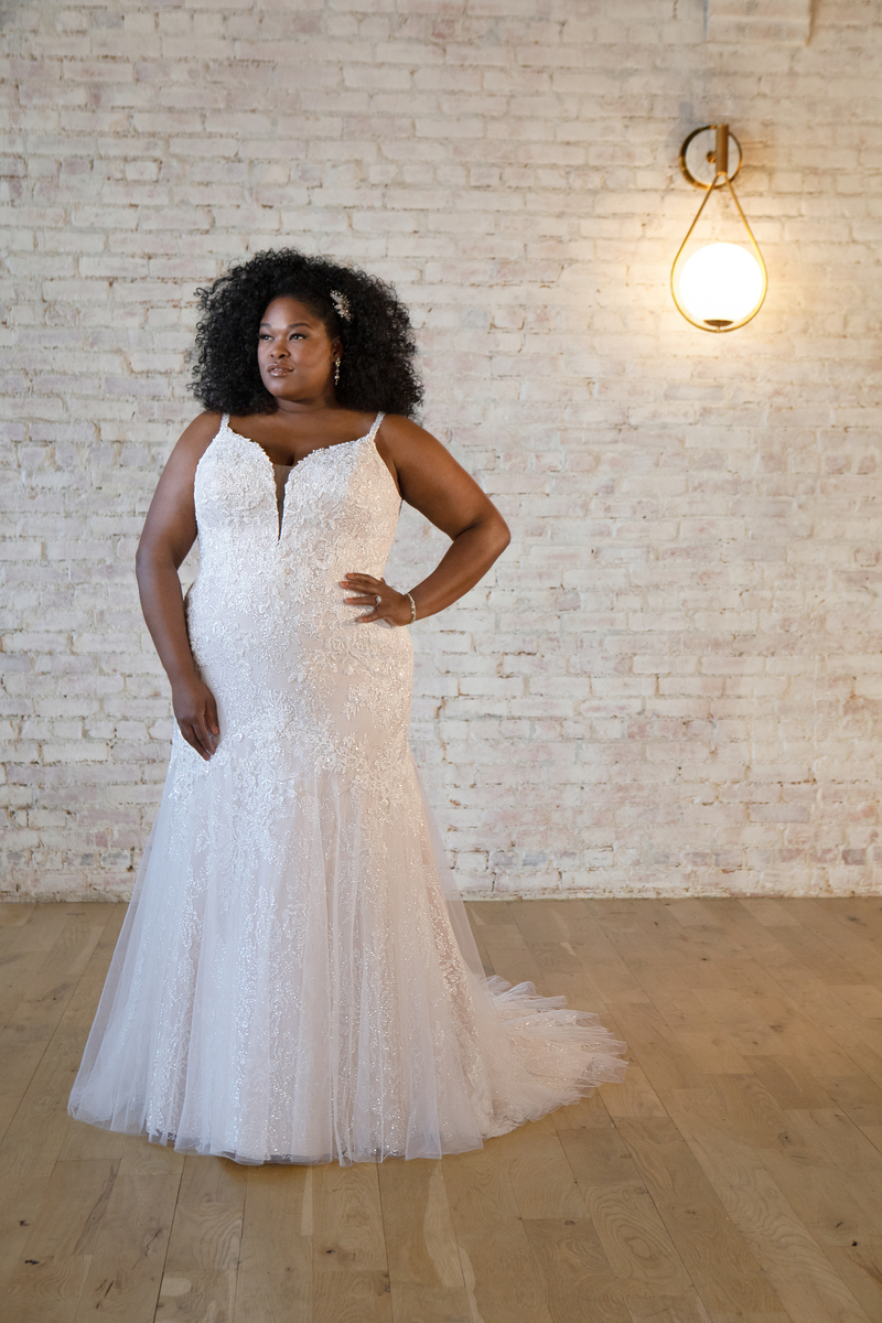 Sparkly Plus Size Lace Fit-And-Flare Wedding Dress With Plunging V