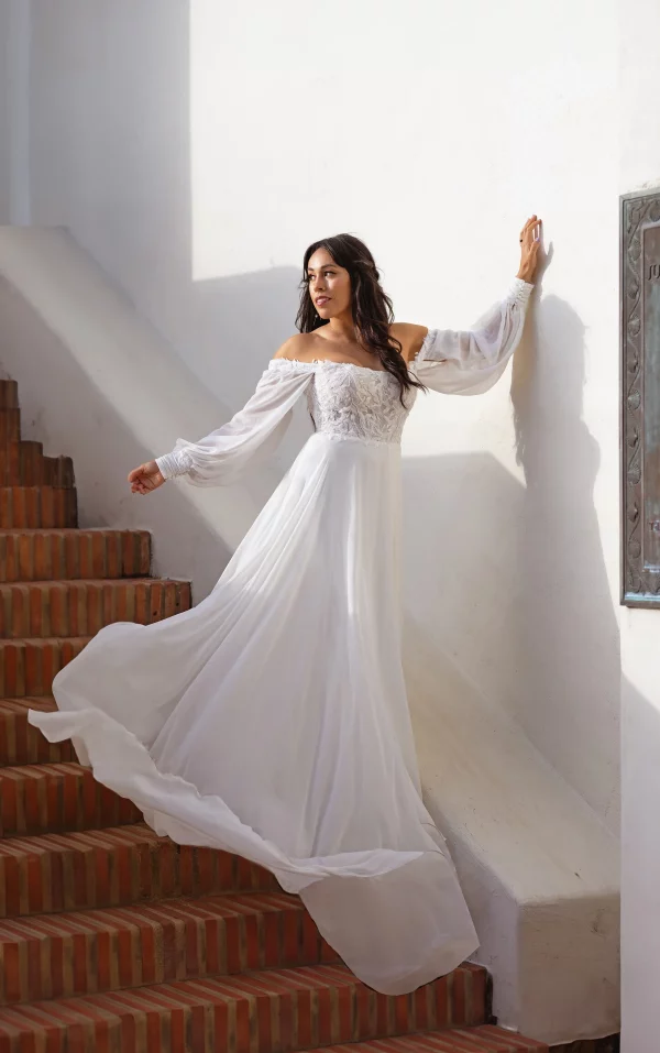 FLOWY LONG SLEEVE A-LINE WEDDING DRESS WITH DETACHABLE SLEEVES
