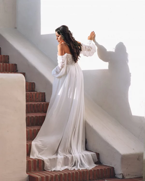 FLOWY LONG SLEEVE A-LINE WEDDING DRESS WITH DETACHABLE SLEEVES - Image 3