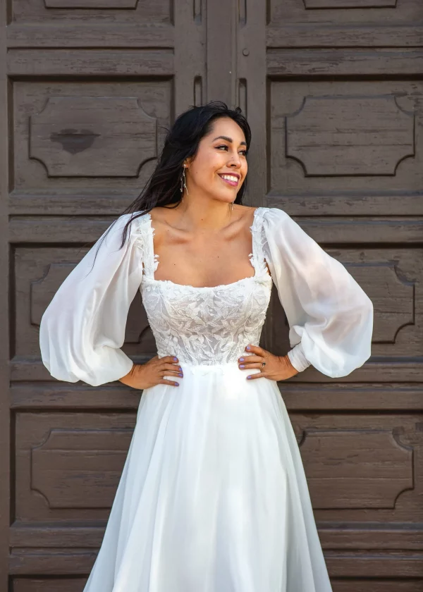 FLOWY LONG SLEEVE A-LINE WEDDING DRESS WITH DETACHABLE SLEEVES - Image 7