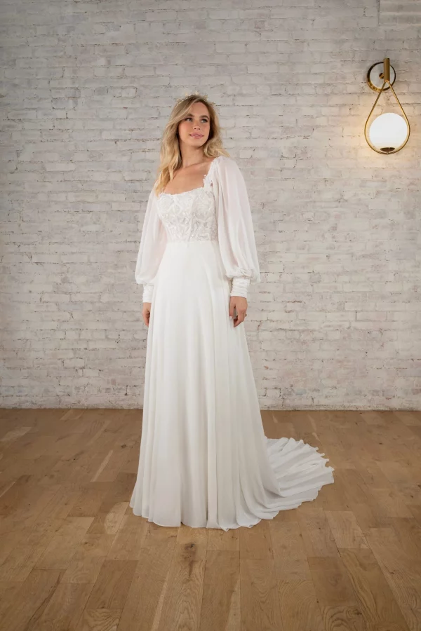 FLOWY LONG SLEEVE A-LINE WEDDING DRESS WITH DETACHABLE SLEEVES - Image 2