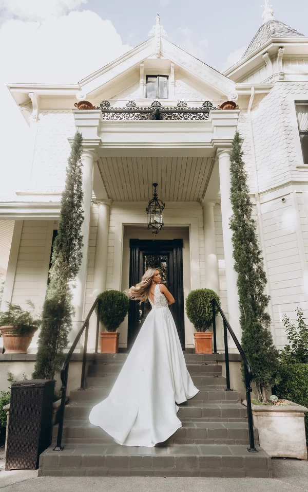 ENCHANTING DEEP V-NECKLINE SATIN A-LINE WEDDING DRESS WITH POCKETS - Image 2