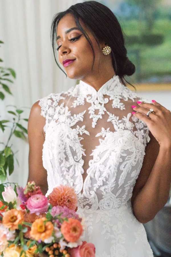 LACY A-LINE WEDDING DRESS WITH HIGH ILLUSION NECKLINE - Image 6