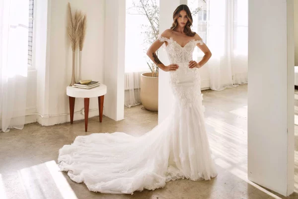 SEXY SPARKLE LACE FIT-AND-FLARE WEDDING DRESS WITH OFF-THE-SHOULDER STRAPS - Image 6