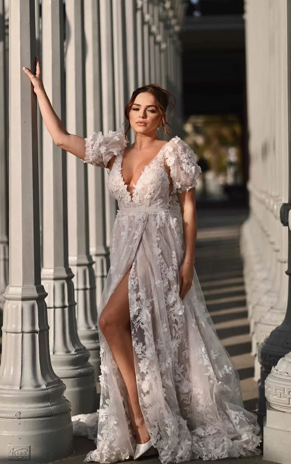 ELEGANT SHORT SLEEVE LACE A-LINE WEDDING DRESS WITH PLUNGING V-NECKLINE