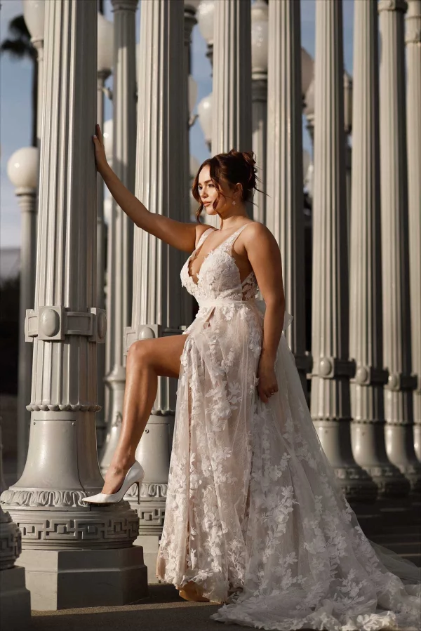 ELEGANT SHORT SLEEVE LACE A-LINE WEDDING DRESS WITH PLUNGING V-NECKLINE - Image 8
