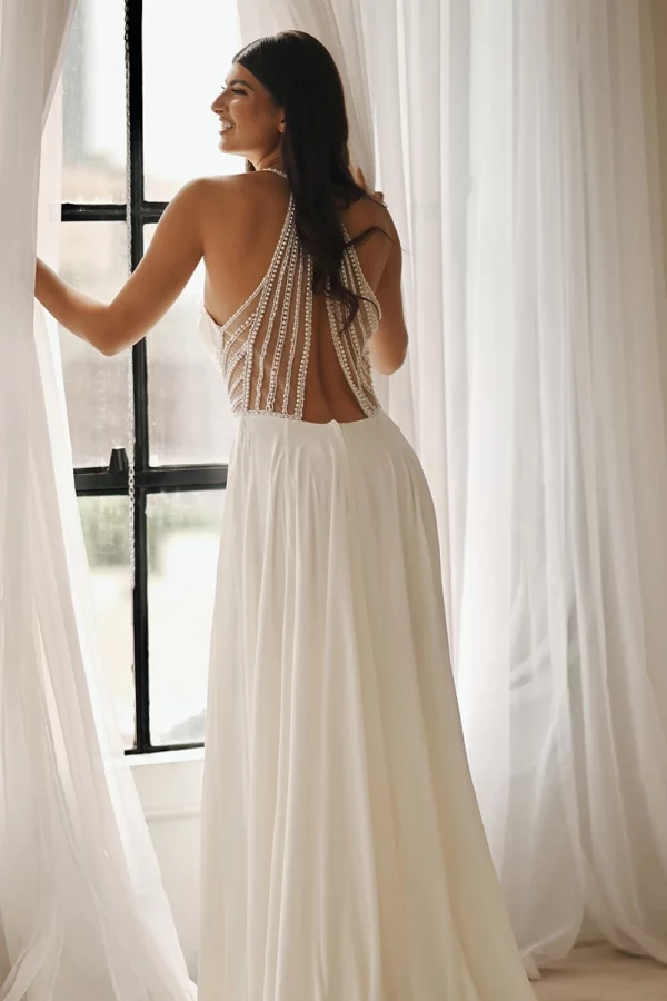 SEXY SPAGHETTI STRAP A-LINE WEDDING DRESS WITH ART DECO BACK DETAIL - Image 9
